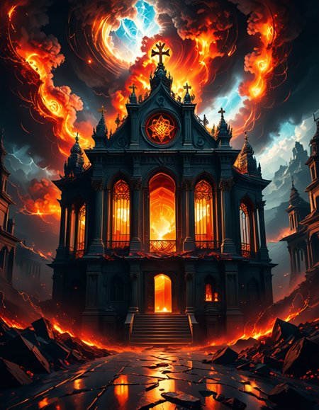 A once-majestic celestial temple, now under siege by the forces of Hell. The grand white stone structure is cracked and scorched, its golden crosses twisted and broken. The stained-glass windows, once glowing with warm divine light, are now shattered, with demonic symbols glowing ominously in their place. The sky, once a serene blue, is now consumed by dark storm clouds, swirling with red lightning and thick smoke.
Black, jagged chains extend from the sky, wrapping around the temple as if trying to pull it down into the abyss. The once-fluffy clouds beneath the structure are now a chaotic mix of fire, ash, and dark mist, with glimpses of molten lava cracks below. Infernal creatures with glowing red eyes lurk in the shadows, their silhouettes barely visible through the smoke and fire.
The temple doors are blown open, revealing an eerie red glow emanating from within, as if Hell itself is consuming the sacred space. Massive demonic runes are etched into the stone, pulsating with an unholy energy. The entire scene is bathed in a deep crimson and orange glow, giving it an apocalyptic and nightmarish atmosphere.
Style & Lighting:
- Dark fantasy, highly detailed
- Dramatic, high-contrast lighting with fiery glows
- Cinematic composition, epic scale
- Strong use of shadows, embers, and atmospheric foghighly detailed and atmospheric view from inside a massive birdcage, large enough for a human to stand inside. The cage is made of ornate, aged metal bars with intricate Victorian-style patterns, curving elegantly towards the domed ceiling. Sunlight filters through the gaps between the bars, casting long, dramatic shadows on the wooden floor. Delicate vines and small flowers have begun to grow around the bars, adding a touch of nature reclaiming the space. The background beyond the cage is blurred, hinting at a lush garden or a mysterious, abandoned mansion. The ambiance is serene yet slightly melancholic, with warm golden light illuminating dust particles floating in the air. Soft feathers are scattered on the floor, adding to the sense of quiet abandonment. The perspective makes the viewer feel as if they are inside the cage, looking outward, surrounded by both beauty and confinement. The style is highly detailed and realistic, with a cinematic and slightly surreal atmosphere.
<lora:SDXLFaeTastic2400:0.4> <lora:extremely_detailed:0.4> extremely detailed,evil celestial t3mpl3, <lora:evil_celestial_t3mpl3-p:1>, Masterpiece,best quality,hi res,8k,hi res,8k,award winning,(sharp focus, intricate, highly detailed),