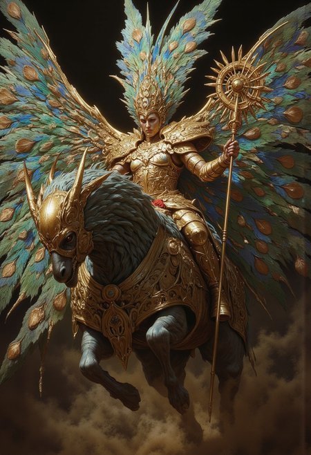 score_9, score_8_up, score_7_up, 8k high quality digital painting, masterpiece, very detailed, ultra realistic, (best quality) very detailed epic masterpiece, boris vallejo style, frank frazetta style, retro artstyle, full body, fairytale-like, realistic detailed oil painting style Rembrandt style, Vermeer style, heroic fantasy, realistic, realism, a beautiful female fantasy warrior rides a peacock-like monster-bird with large very colorful tail feathers, beautiful feathers, the woman is scantily clad with gold ornaments and holds a staff studded with precious stones in her hand which emits a bright light. sunset, the low sun casts long shadows, romantic environment, full body <lora:RPGv6-itr15.safetensors:1.0:1.0> <lora:Hand v2.safetensors:0.1:0.1>