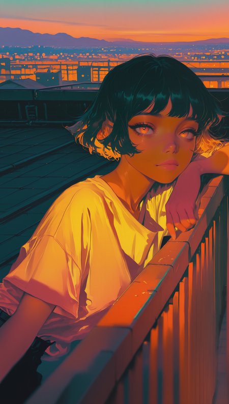 masterpiece, newest,absurdres,incredibly absurdres, best quality, amazing quality, very aesthetic,
1girl, leaning on railing, loose shirt, short hair, rooftop at sunset, blurry foreground, orange and pink color theme, golden hue, warm light,
<lora:Elegence_Niji:1> 3l3ganc3 <lora:Forest_Decay_Style_ichi_sk:1>