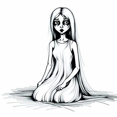 spot color, dress, traditional media, 1girl, monochrome, blood, greyscale