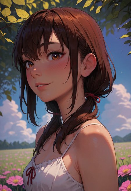 score_9_up, score_8_up, score_7_up, score_6_up, 1girl, 25 years old, perfect face, cute, petite, 
(three quarter view), detailed face, portrait, face focus, depth of field, looking at viewer, blush, shy smile, close up,
brown eyes, 
long hair, twintails, low twintails, short twintails, brown hair, sidelocks, hair between eyes, hair ribbon, red ribbon, 
white camisole, frilled camisole, 
flower field, field, 