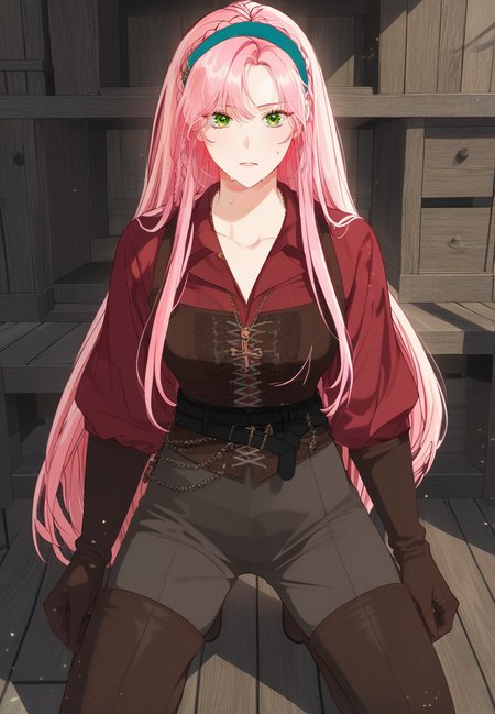 zPDXL3, score_9_up, score_8_up, score_7_up, (Anime_source),Masterpiece,(perfect female body:1.2), small waist,(incredibly detailed:1.4), slim, beautiful fingers, beautiful white skin, Beautiful clear skin, (big breasts:1.2) (thick thighs:1.2), parted lips, standing , sweat, looking at viewer,  big breasts, (facing viewer:1.6) legs apart, whole body, <lora:Ailette_Rodeline_-_The_Perks_of_Being_an_S-Class_Heroine-PONY-Kaleid:1>ailette rodeline, long hair, pink hair, eyes green, 1girl, necklace, bangs, braid, hairband (large breasts:1.3) belt, brown pants, gloves, thigh boots, red shirt,kneeling,