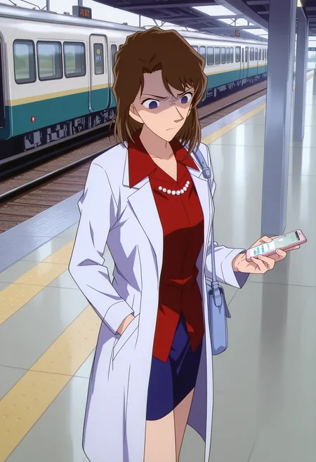 1girl,solo,best quality,masterpiece,anime screencap,
<lora:yamamoto_kuniko_conan_v1_IL:1>,yamamoto kuniko,(meitantei conan:0.4), brown hair,long sleeves,red collared shirt,blue skirt,pencil mini skirt,lab coat,white jacket,medium hair,pearl necklace,open coat,arched bangs,swept bangs,blue shoulder bag,
closed mouth, train station,holding cellphone,shaded face,  empty eyes, looking down, disgust,from above, hand in pocket, angry,