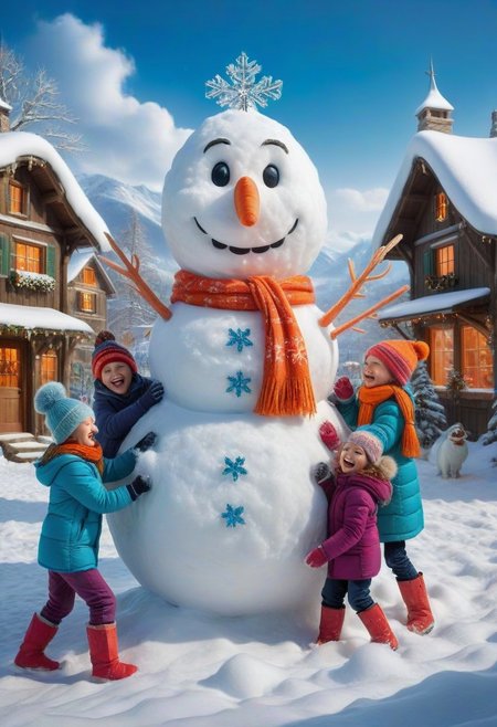 A whimsical and enchanting scene capturing the beauty of intricately designed snowflakes, playfully interacting in a humorous winter setting. The snowflakes, each uniquely shaped and sparkling with crystalline details, are depicted as lively characters with expressive faces, engaged in a snowball fight amongst a backdrop of a cozy, snow-covered village. Surrounding elements include cheerful children bundled in colorful winter attire, building a snowman with a comically oversized carrot nose, while fluffy snow drifts softly blanket the ground. The sky is a soft pastel blue, filled with gentle, swirling snowflakes, creating a lighthearted and magical winter wonderland atmosphere.