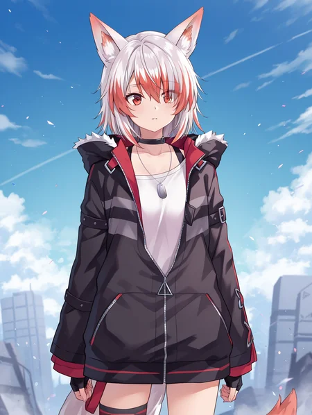 1girl,syusetu_kohaku,fox ears, fox tail, cowboy shot, 
black_jacket,hood_down,white_shirt,black_thighhighs,single_thighhigh,uneven_legwear,fur_trim,partially_unzipped,fingerless_gloves,dog_tags,
 <lora:syusetu_kohaku-ill2.0-t0:1>, (masterpiece), (best quality), (ultra-detailed), very aesthetic, illustration, disheveled hair, perfect composition, moist skin, intricate details, anime artwork, anime style, vibrant, studio anime, highly detailed