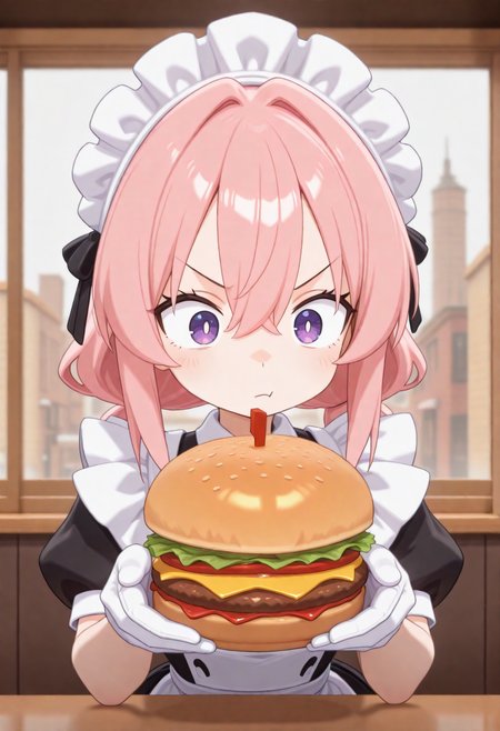 n1s, anime, masterpiece, best quality, very aesthetic, newest, 2024, 1girl, solo, civchan, mcdonalds, hamburger