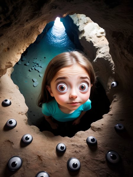 a girl, googly eyes, cave, top view