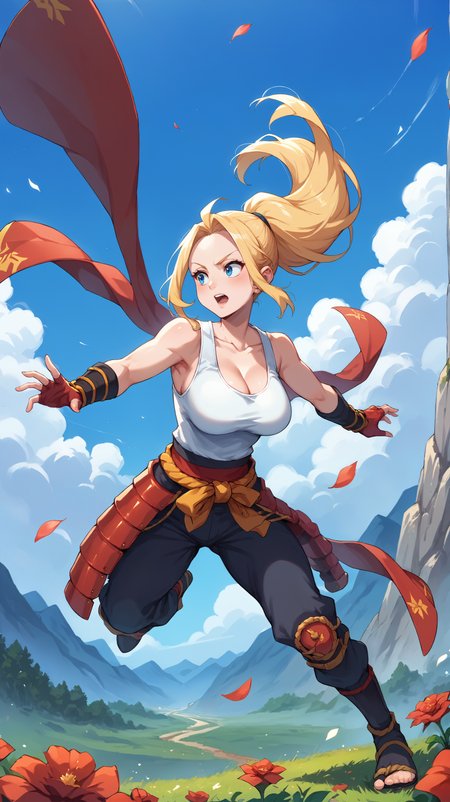 score_9,score_8_up,score_7_up,score_6_up, source_anime, zPDXL, <lora:xl_more_art-full_v1:0.5>, <lora:Wakfu_CartoonV02:0.5>, girl,long hair, blonde hair, ponytail, blue eyes, white tank top, red (samurai armor), red gloves, pants, large breasts,  <lora:Beatrix Amerhauser - Pony-000004:0.8>, spread arms, dynamice pose, mountains in background, rocky mountains, outdoors, nature, blue sky, white clouds, open fields, field of red flowers, pedals, wind,