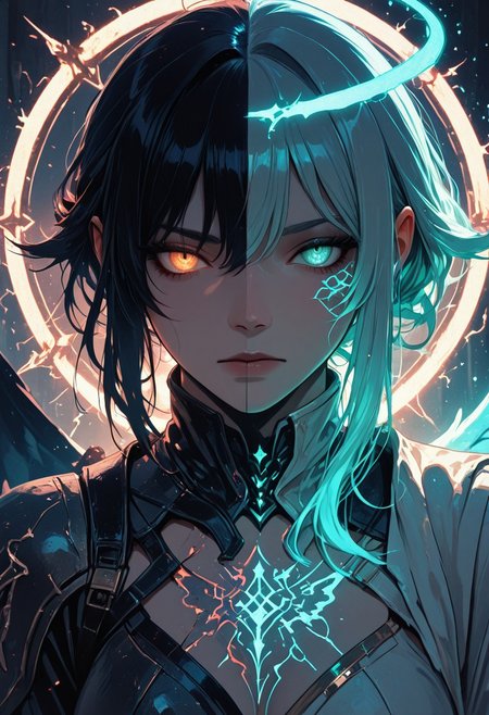 (masterpiece), (best quality), (8k), 2girls, angel and demon, intense stare-down, tension, glowing eyes, magical aura, emissive lighting effects, cinematic lighting, golden hour glow, divine vs infernal contrast, glowing halo above angel, broken or burning halo above demon, floating sparks, glowing tattoos or markings, glowing feathers vs shadowy wings, ambient light particles, symmetrical composition, high detail, soft shadows and light contrast, dramatic environment, detailed armor and flowing cloth, mystical energy in air,