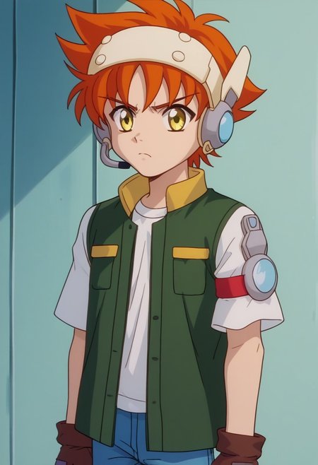 score_9, score_7_up, source_anime, 
kanipa, 1boy, male focus, solo, yellow eyes, orange hair, short hair, headset, shirt, t-shirt, white shirt, short sleeves, jacket, sleeveless jacket, green jacket, gloves, fingerless gloves, brown gloves, jeans,  frown
indoor,