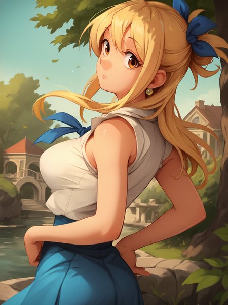 score_9, score_8_up, score_7_up, score_6_up, score_5_up, source_anime, smooth_anime,
Lucy_Heartfilia, 1girl, solo, brown_eyes, blonde_hair, ribbon, hair_ribbon, looking_at_viewer, long_hair, outdoors, jewelry, earrings, breasts, looking_back, sleeveless, blue_ribbon, skirt, shirt, tree, large_breasts, sleeveless_shirt, blue_skirt, long_skirt, day
 <lora:Beautiful_Atrocities:1>