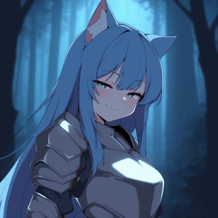 masterpiece, kumasteam,1girl, cat ears, blue, metallic and fur armor, forest background, fantasy, cinematic lighting, dramatic light, beautiful background, blue hair, looking at viewer, smug,
