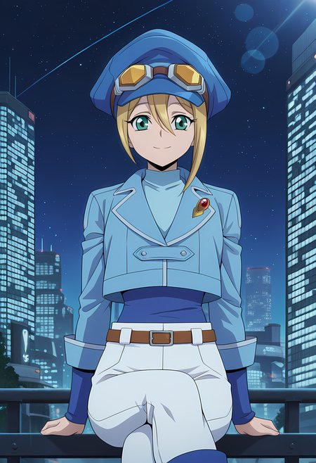 masterpiece,best quality,amazing quality,

1girl, solo,

Megumi Okura (Cardfight Vanguard), blonde hair, hair between eyes, green eyes,

short hair, hat, blue headwear, cabbie hat, goggles, uniform, cropped jacket, blue shirt, long sleeves, blue jacket, belt, white pants,

Smile, looking at viewer, 

cinematic, cross legs, crossing legs, 

Outdoors, On top skyscraper, sci-fi city, star (sky), 

Lens flare, bloom,

Official style, anime screencap, anime coloring,














