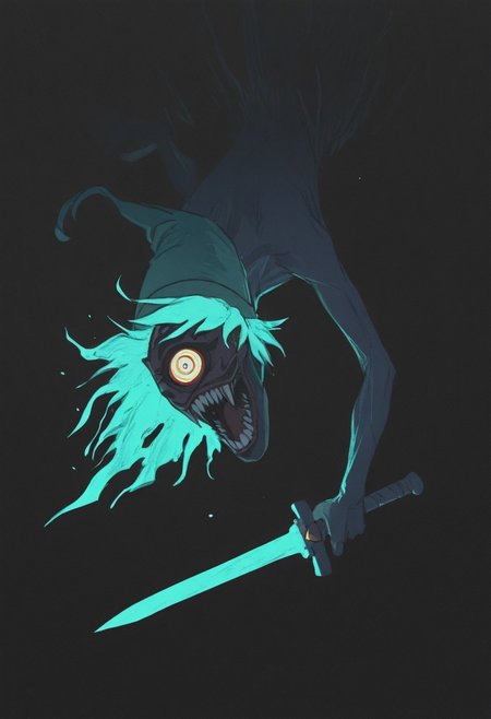 masterpiece, best quality, good quality, very awa, newest, highres, absurdres, solo, open mouth, simple background, White round eyes, majoras mask, Link from Zelda, Green pointed hat, Action Scene, swinging sss sword, sword slash,traditional media, sharp teeth, Red and black background, monster, one-eyed, turquoise burning Hair, horror \(theme\), limited palette, sketch, glowing, psychedelic, JeddtlIL