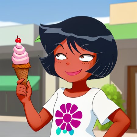 <lora:TotallySpies-16:0.8>, 1girl, toddler, 4yo little girl, preschool, holding an ice cream cone, smiling, blushing, shy, tanned skin, black short hair