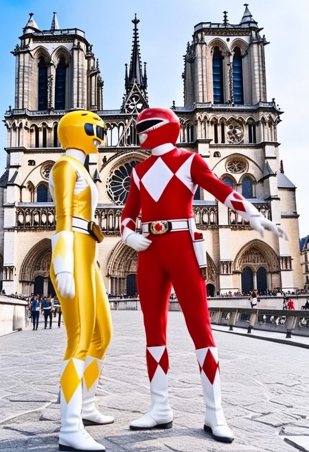 female yellow power ranger arm-in-arm with male red power ranger, morphed, helmet, uniform, white gloves belt, holstered weapon, in front of Notre-Dame in Paris, sunny summer day, hyperdetailed photography