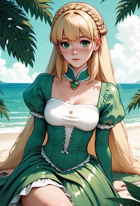 zPDXL3, score_9, score_8_up, score_7_up, score_6_up, score_5_up, score_4_up, 
1girl, medium breasts,
blonde hair, green eyes, crown braid, straight hair, very long hair, ribbon bangs,
leaf dress, 
beach, 
fomceline, solo,