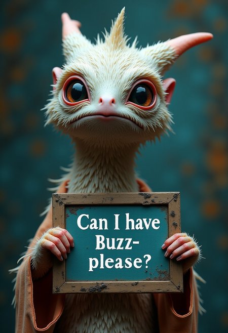 A strange feathered creature holding a sign saying "Can I have Buzz, please?", intricate details, mystical, stunning, award winning, cinematic still, dreamlike, otherworldly, vivid colors, dramatic lighting