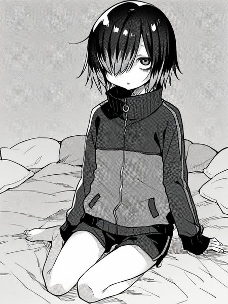score_9, score_8_up, score_7_up,  
1girl, monochrome, komidori mai, medium hair, black hair, hair over one eye, highlights, flat chest, jitome,

sitting, on bed, parted lips, looking at viewer,

shorts, track jacket, barefoot, 
