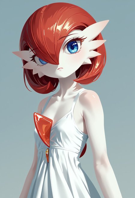 (((Gardevoir))), Female, anthro, ((pale white skin)), Stable_Yogis_PDXL_Positives, zPDXL3, Expressiveh, score_9, score_8_up, score_7_up, masterpiece, source anime, Anime Style, Raw Photo, midjourneyv6.1,
dutch angle, dynamic light, 
1girl, solo, adult and mature look, 40 years old, older looking, ((short hair)), flatchest, looking at viewer, serious look, (blue eyes), flat chest, ((red hair)), (gardevoir dress), detailed dress, hair between eyes, closed mouth,  covered shoulders, flat chest, upper body,  casual dress,  eyelashes, ((plain background)), (((croma key background))), (lineless:1.5), FastNegativeV2