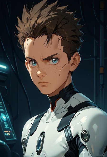 score_9, score_8_up, score_7_up, score_6_up, score_5_up, score_4_up, 1boy, solo, cyberpunk,  science fiction, upper body, source_anime, knva, looking at viewer, detailed, cyberware, techware, Koji, Blue Eyes, Brown Hair, Freckles, Bodysuit