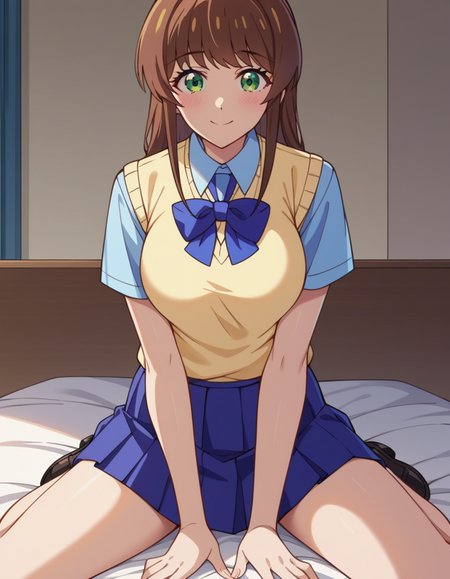 score_9, score_8_up, score_7_up, source_anime, uncensored, <lora:StS_detail_slider_v1:3>, zPDXLxxx, <lora:Shiori_Sakurazaka_PONYXL_VexVexX:1>, ShioriSakurazaka, green eyes, brown hair, long hair, bangs, medium breasts, school uniform, blue skirt, blue shirt, short sleeves, collared shirt, blue bowtie, sweater vest, yellow vest, cowboy shot, bedroom, from back, Kneeling on both knees with legs together, leaning back slightly with hands resting on the heels or calves, thighs, looking at viewer, smile,