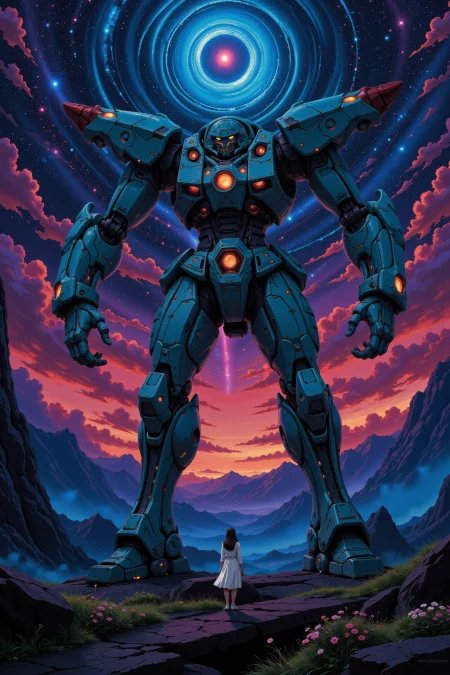 Robotic war beautiful  landscape, bright luminous starry night, woman, very intricate, very detailed, sharp, bright, colorful, <lora:Hand v2:0.5> <lora:Anti-Blur:1><lora:Insane Detail Slider:0.25>  <lora:flux.1_lora_flyway_Epic-detail_v2:0.3> <lora:fluxenhancer:0.25> <lora:Anime_style:0.6> anime style