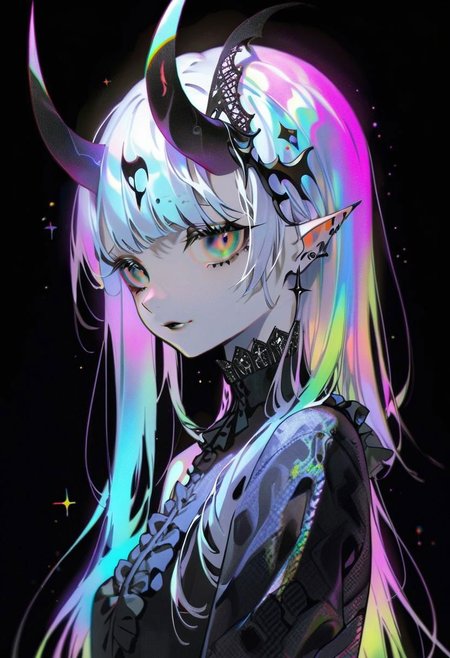 pale demon girl , prismatic coloring, holographic vibe, chromatic black lace blouse, gothic background, (long straight horns:1.2)