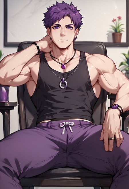 <lora:lora:0.8> score_9, score_8_up, score_7_up, score_6_up,  1man, solo, male focus, restart, purple hair, purple eyes, black tank top, purple pants, necklace, sitting over chair, legs spread, thick thighs, big arms, looking at viewer