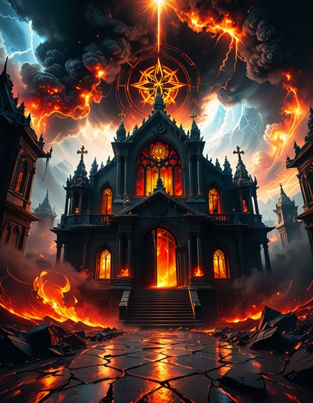 A once-majestic celestial temple, now under siege by the forces of Hell. The grand white stone structure is cracked and scorched, its golden crosses twisted and broken. The stained-glass windows, once glowing with warm divine light, are now shattered, with demonic symbols glowing ominously in their place. The sky, once a serene blue, is now consumed by dark storm clouds, swirling with red lightning and thick smoke.
Black, jagged chains extend from the sky, wrapping around the temple as if trying to pull it down into the abyss. The once-fluffy clouds beneath the structure are now a chaotic mix of fire, ash, and dark mist, with glimpses of molten lava cracks below. Infernal creatures with glowing red eyes lurk in the shadows, their silhouettes barely visible through the smoke and fire.
The temple doors are blown open, revealing an eerie red glow emanating from within, as if Hell itself is consuming the sacred space. Massive demonic runes are etched into the stone, pulsating with an unholy energy. The entire scene is bathed in a deep crimson and orange glow, giving it an apocalyptic and nightmarish atmosphere.
Style & Lighting:
- Dark fantasy, highly detailed
- Dramatic, high-contrast lighting with fiery glows
- Cinematic composition, epic scale
- Strong use of shadows, embers, and atmospheric foghighly detailed and atmospheric view from inside a massive birdcage, large enough for a human to stand inside. The cage is made of ornate, aged metal bars with intricate Victorian-style patterns, curving elegantly towards the domed ceiling. Sunlight filters through the gaps between the bars, casting long, dramatic shadows on the wooden floor. Delicate vines and small flowers have begun to grow around the bars, adding a touch of nature reclaiming the space. The background beyond the cage is blurred, hinting at a lush garden or a mysterious, abandoned mansion. The ambiance is serene yet slightly melancholic, with warm golden light illuminating dust particles floating in the air. Soft feathers are scattered on the floor, adding to the sense of quiet abandonment. The perspective makes the viewer feel as if they are inside the cage, looking outward, surrounded by both beauty and confinement. The style is highly detailed and realistic, with a cinematic and slightly surreal atmosphere.
<lora:SDXLFaeTastic2400:0.4> <lora:extremely_detailed:0.4> extremely detailed,evil celestial t3mpl3, <lora:evil_celestial_t3mpl3-p:1>, Masterpiece,best quality,hi res,8k,hi res,8k,award winning,(sharp focus, intricate, highly detailed),