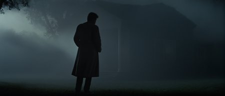 cinematic film still of  <lora:Fright Night 1985 style v2:1>
In the 1980's a silhouette man in a long coat standing in front of a falling fog house,solo,1boy,standing,outdoors,sky,cloud,from behind,tree,coat,night,grass,building,nature,scenery,1other,dark , horror themed, dark themed, low key light, dramatic light, dramatic shadow light, contrast, cinematic color, cinematic look, filmic, realistic, realism, perfection, perfect, Kodak, Kodak film, movie still, Fright Night 1985 style, Fright Night Film style, shallow depth of field, vignette, highly detailed, high budget, bokeh, cinemascope, moody, epic, gorgeous, film grain, grainy