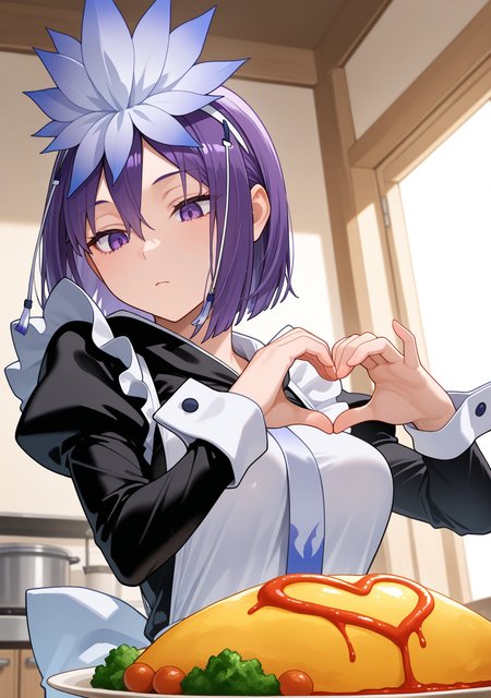 masterpiece, best quality, absurdres, perfect lighting,shiny skin,1girl,amane, purple eyes, purple hair, short hair,bangs, hair ornament,hair flower,<lora:amane:1>,maid apron, maid headdress,omurice,food, heart hands,heart effects, looking down,looking back,expressionless,kitchen,