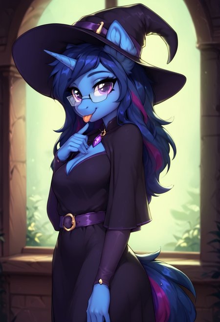 score_9, score_8_up, score_7_up, score_6_up, score_5_up, score_4_up
witch hut, Expressiveh, g0thicPXL, glowing, neon,, fur, detailed fur, body fur, tuft, fluffy,  glasses, multicolored hair, Marquis Majordome_(mlp), Purple Eyes, Pale Blue Skin, Blue Hair With Pale red And Purple Streaks, Unicorn Pony,
1girl, female furry, anthro,, long hair, tail, medium breasts, witch clothes, witch hat, wholesome,
standing, 3/4 side view, looking at viewer, smile, tongue out, solo