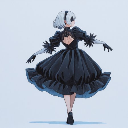 masterpiece, best quality, traditional watercolor style, paper texture, limited palette, blue grey theme, white background, raincloud background, 

1girl, solo, dancing, 2B, white hair, blindfold, eyes hidden, black dress, slit dress, black tutu, gloves, full body, 