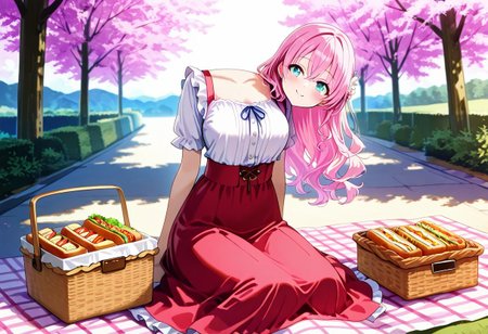 masterpiece, ultra-detailed, best quality, 8K, illustration, absolutely eye-catching, 
1girl, solo, 
An illustration of a cute 18-year-old girl with long light pink wavy hair and cyan eyes. She is sitting on a picnic blanket under a cherry tree and viewing the cherry blossom. Her head is detached from her body. She put her detached head on the blanket, where there is also a basket full of delicious foods. She has an excited mood with a smile on her face. She is wearing a casual outfit, including an nice one-piece dress with a high-waist long frilled skirt. It is spring and makes one feel warm and cozy., 
disembodied_head_smooth_shoulder, shoulderline covered, 
BREAK 
cyan eyes, lightpink hair, long hair, one-piece dress, long skirt, high-waist skirt, tiered skirt, outdoors, sitting, picnic blanket, food, sandwich, picnic basket,  joyful, detailed