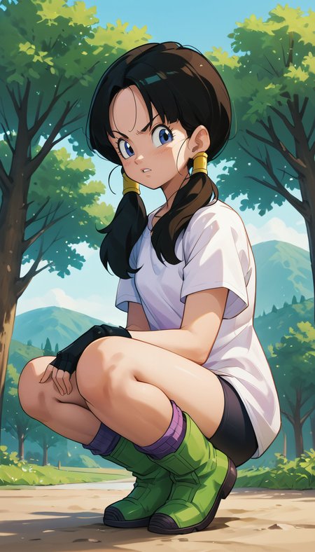 zPDXL3,  <lora:Videl_v1:.6>,  <lora:OtherStyle_03-3:.8>
videl, woman, twintails, long hair, black hair, hair tubes, blue eyes, long white shirt, short sleeves, brown fingerless gloves, black bike shorts, purple socks, green boots, looking at viewer, serious, parted lips, squatting, from below, hands on knees, outside, trees, blue sky,