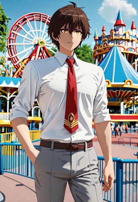Highres, Masterpiece, High Quality, 4K, 8K, solo, 1Boy, Seiya Kanie, short dark brown hair, golden eyes, white dress shirt, red armband, manager, red tie, gray pants, theme park, easynegative, detailed_eye_model