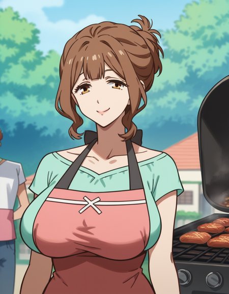 score_9, score_8_up, score_7_up, source_anime, <lora:torino-kazami-s1-ponyxl-lora-nochekaiser:1>, torino kazami, large breasts, brown hair, brown eyes, mature female, folded ponytail, sidelocks,, shirt, apron, green shirt, collarbone, pink apron, pants, denim, backyard, barbecue, grilling, laughter, summer evening, , looking at viewer, smug, solo,, cowboy shot, dutch angle