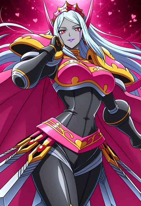 finetuneanime, anime screencap, official art, detailed anime, ultra detailed anime art, anime screencap, screencap, score_9, score_8_up, score_7_up, masterpiece, anime coloring, source_anime, Queen Chessmon, 1girl, armor, long hair, cape, black bodysuit, shoulder armor, colored skin, breastplate, bodysuit, (((large breasts, curvy, wide hips))), narrow waist, digimon \(creature\), high heels, weapon, silver-blue hair, pauldrons, grey skin, boobplate, heart, gloves, crown, boots, (((perfect face, visible face, beautiful face))), (((pink-red eyes))), (((no mask))), pink cape, full armor, parted lips, ((lipstick, purple lips)),  belt, black gloves, spikes, waist cape, faulds, gauntlets, makeup, horns, jewelry, shoulder pads, gold armor, bracelet, skin tight, armored skirt, swords on skirt, high heel boots
BREAK 
cowboy shot, standing,  fight stance, ultra detailed face, ((smile, smiliing)), dynamic pose, dynamic view