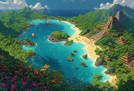( dramatic photo), extreme-detailed, detailed pixel-art style , illuminated field, (super detailed) , masterpiece, 8k, (masterpiece), <lora:detailed_notrigger:1>, film, Ultra High Resolution,  (highly detailed), (epic),  A perfect ocean landscape in earth,  water flow, world of technology mixed with ancient Mayan civilization, trees of yellow crystals all around, Pixel_Art