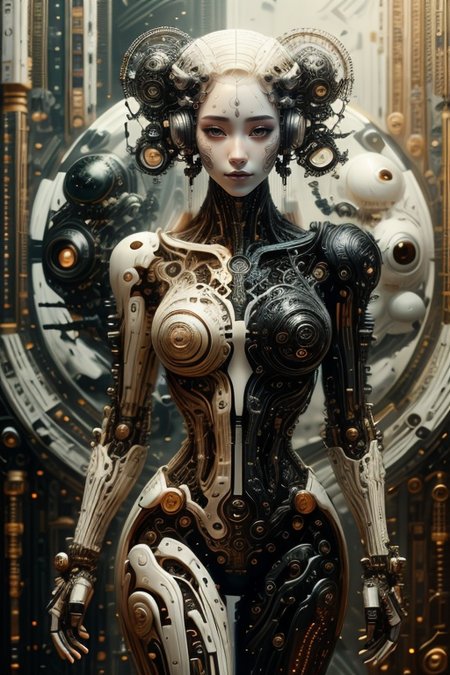 cybernetic style biomechanical style masterpiece,best quality,absurdres,high details,8K,photorealistic,at distance,posing,flirting,(playful gaze,smirking,radiant smile),1girl,chinese clothes,yin yang,chinese goddess,<lora:PianoStyle:0.7>,pianostyle,P14n03l3g4nt3b0n3,(pale skin:1.5),lot of jewelry,makeup,lips,eyeshadow,<lora:yinyang-style-darquelilly-v1:0.7>,yinyangstyle,<lora:Concept_-_Hella-sthetic_v2:0.7>,(full-lenght shot:1.5),, intricate, elegant, highly detailed, symmetry, magical atmosphere, sharp focus, majestic, very coherent, radiant, advanced, cinematic, artistic, fine detail, winning, beautiful, stunning, dramatic light, designed, rich deep colors, perfect professional background, ambient, tailored set composition  . blend of organic and mechanical elements, futuristic, cybernetic, detailed, intricate . futuristic, technological, cybernetic enhancements, robotics, artificial intelligence themes