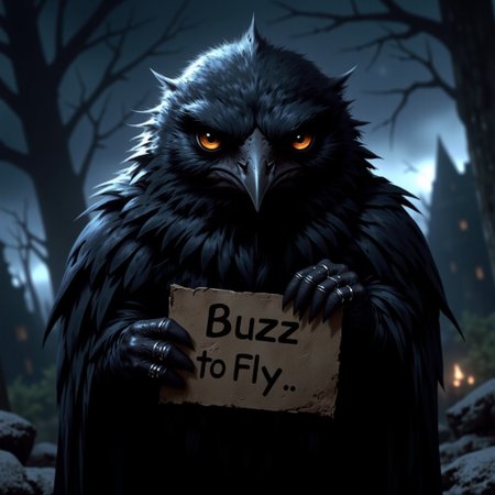 score_9, score_8_up, score_7_up,
plump, black feathered raven chick, ((big round eyes)), sharp beak, puffed up feathers, cute and scary, ((hold sign that says "Buzz to Fly")), night time, stormy night, outdoors
high resolution, detailed, 4k, realism, rule of thirds, golden ratio, depth of field,