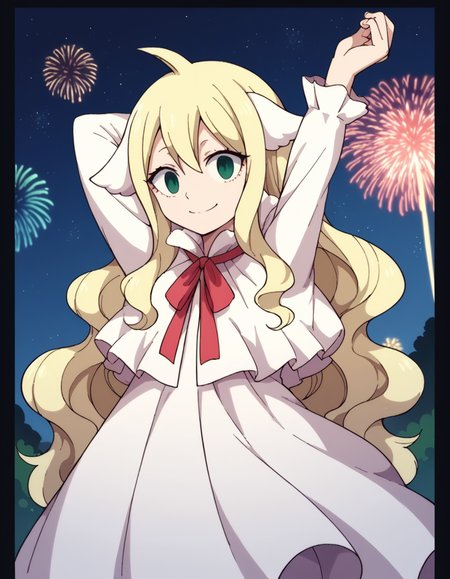 score_9, score_8_up, score_7_up, source_anime, <lora:mavis-vermillion-anime-ponyxl-lora-nochekaiser:1>, mavis, long hair, blonde hair, green eyes, ahoge, wavy hair, animal ears,, dress, white dress, collar, ribbon, red ribbon, capelet, long sleeves,, festival, fireworks, summer night, food stall, traditional, arms up,, smile, , arm bent at elbow, solo,, cowboy shot, dutch angle