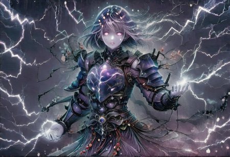 (Masterpiece:1.3), (best quality:1.2), (detailed background:1.1), (intricate details:1.1), (detailed background:1.2), 1girl, solo focus, standing, perfect anatomy, 
bleakfaith,
source_anime, night sky, dark cloud background, sky background, lightning on background, only purple lightning, purple lightning, dark purple theme,
BREAK
watercolor, chinese,traditional,
BREAK
(purple hair:1.2),(pale skin:1.3), (purple skin:1.5),1girl,solo, mysterious, vivid color, shiny, (short purple hair), bob cut hair, purple eyes,glowing purple pupils,
laugh arrogantly,
BREAK
armor(dark suit,armor, animal chest plate), lightning, dark purple thunder, chinese style, 
spraks in hand,
BREAK
looking at the viewer, front view, full view,
best quality, ultra-detailed, absurdres, detail face, best quality, hires textures, high detail, (4k),incredibly detailed
NegativeDynamics,
