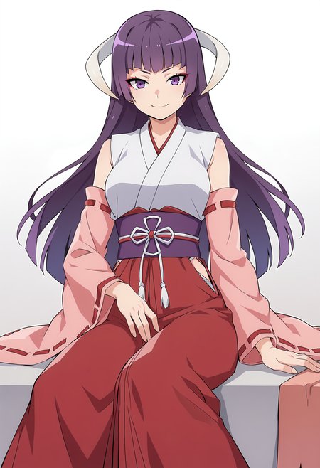 score_9, score_8_up, score_7_up, source_anime,  eua, 1girl, solo, japanese clothes, detached sleeves, purple eyes, long hair, purple hair, hakama, hakama skirt, red hakama, horns, skirt, hime cut, miko, smile, looking at viewer, <lora:Eua xl pony:0.7>, white horns, gradient background, gray background, simple background, sitting