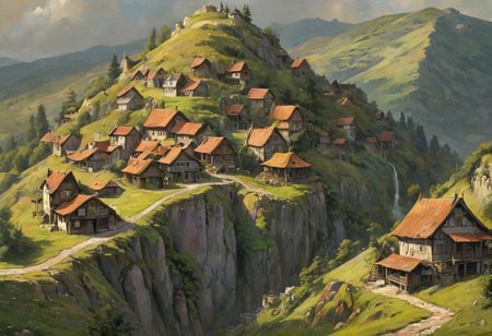 a series of hills with homes built into them, romantic impressionism, dream scenery art, beautiful oil matte painting, romantic, beautiful digital painting, anime landscape, romantic painting, dreamlike digital painting, colorful painting, thick brushstrokes characteristic, rough stroke,  beautiful gorgeous digital art, style Karol Bok, Brian Froud, Wendy Froud, Guy Davis, Sergio Sandoval