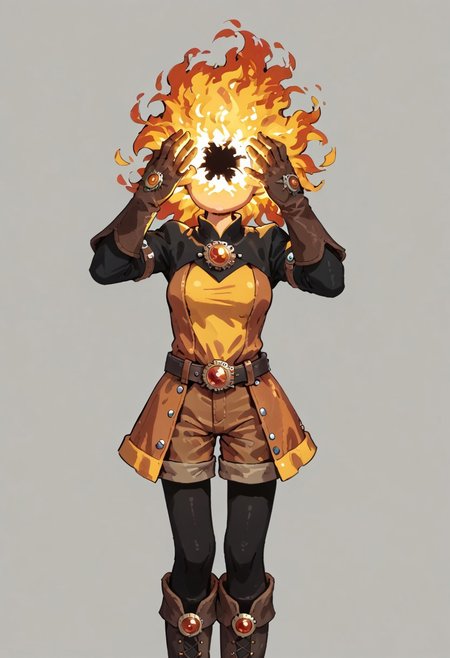 score_9, score_8_up, score_7_up, solo,
lord_of_frenzy, fire head,
novakin, faceless, no eyes, no mouth, no nose, no facial features, short fiery yellow orange hair, body made of black plasma,
open hands, hands on face front,
hands on own head, 
magical girl outfit, (steampunk dress:1.1), boots, (brown shorts:1.1), black tights, medium breasts, belt, gloves, 
(headache:1.1), (mad:1.1), (lean back:1.1), (dynamic pose:1.2), head up, head tilt, 
simple background, grey background,
in yoshidanatsumi artstyle