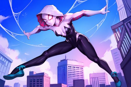 score_9, score_8_up, score_7_up, masterpiece, high quality, BREAK
 <lora:Ghost SpiderPonyLoRA:1>Spdrgwn, mask, hood up, hooded bodysuit, ballet slippers, white silk, spiderweb, attacking, midair, jumping, in a city at night