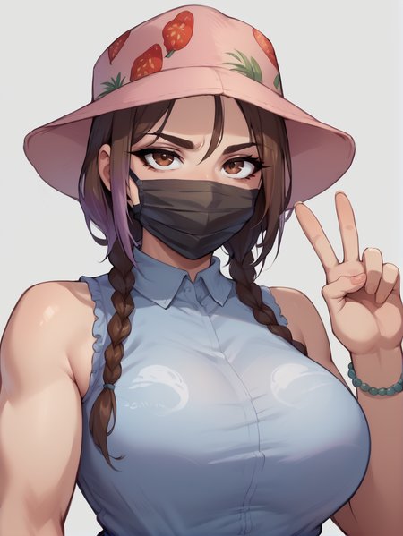 score_9, score_8_up, score_7_up, rating_explicit, zPDXL2, zPDXLxxx, zPDXL3, source_anime,
 <lora:Nimu:1>, Nimu, 1girl, solo, breasts, looking at viewer, large breasts, brown hair, shirt, hat, brown eyes, jewelry, upper body, braid, sleeveless, twin braids, bracelet, sleeveless shirt, v, mask, mouth mask, food print,