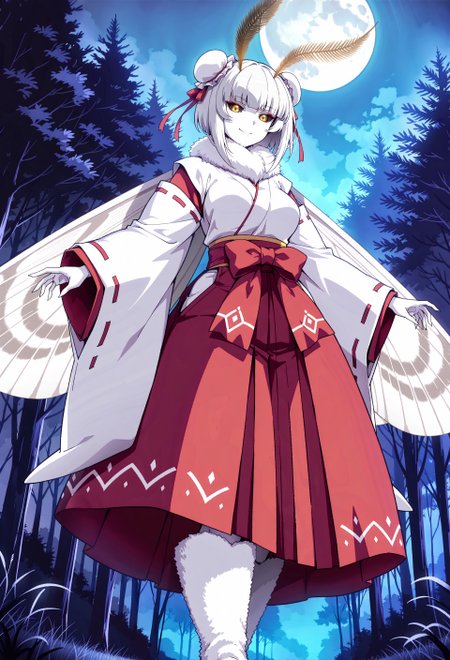 safe_pos, (masterpiece, best quality), anime coloring, 
1girl, moth girl, arthropod girl, monster girl, silver hair, hime cut, short hair, double bun, bun cover for double bun, red hair ribbon, white skin, yellow eyes, black sclera, red eyeshadow, japanese clothes, white sleeves, long sleeves, wide sleeves, white kimono, red hakama, medium breasts, smile, moth antennae, feather antennae, neck fur, fur collar, white fur, white wings, moth wings, white fur boots
BREAK
outdoors, night, forest, moon